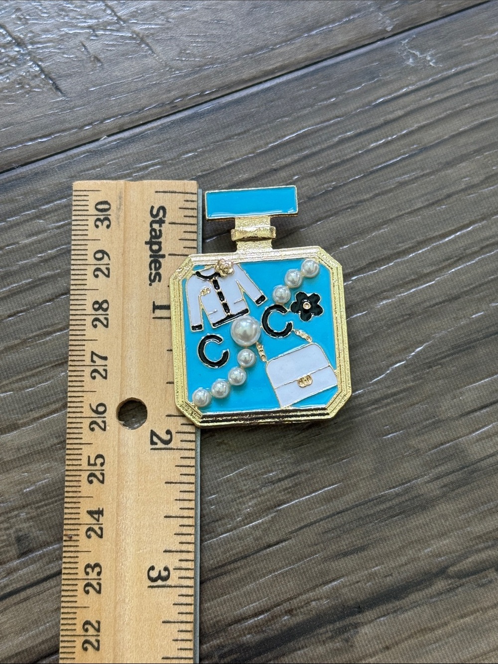 Turquoise Tone Perfume Bottle Pin Brooch with faux Pearl Accents